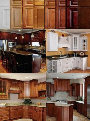 Collage of cabinet door colors from white to dark walnut with finished kitchen pictures